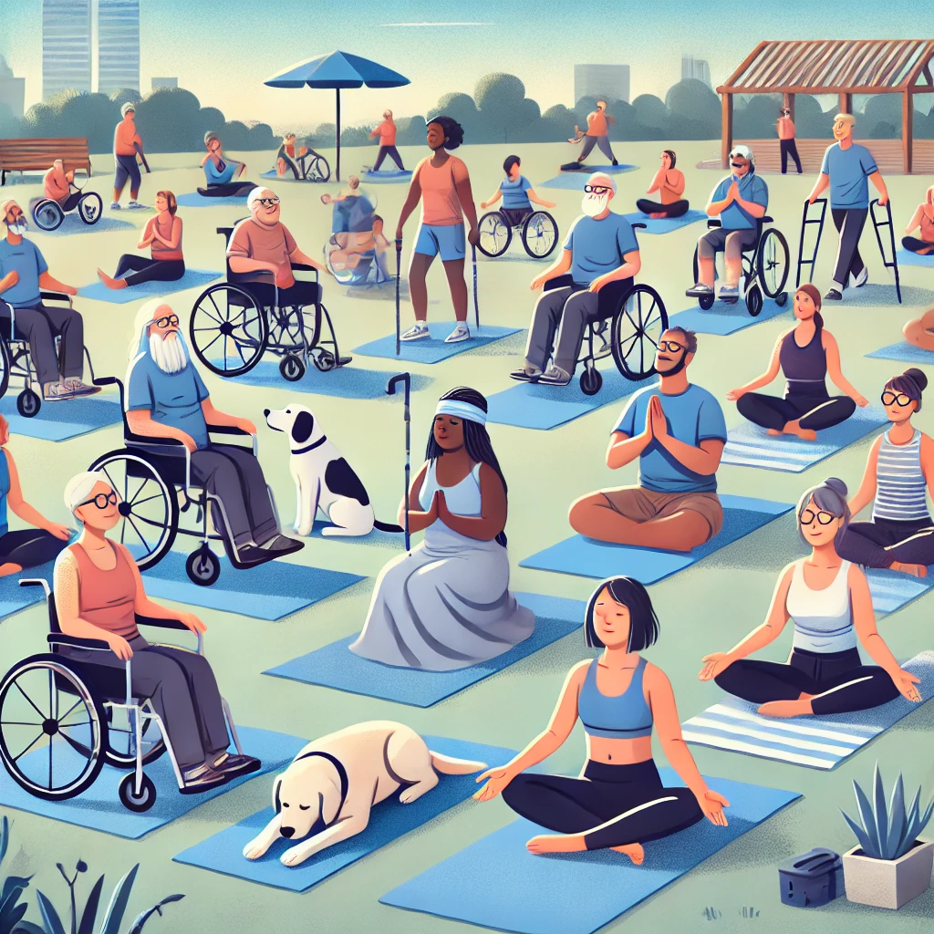 A diverse group of people, including those with disabilities, participating in an inclusive outdoor yoga session.