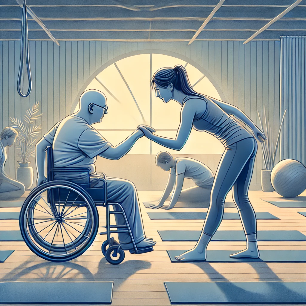 A yoga instructor following the lead of a person in a wheelchair during a yoga session, illustrating inclusive interaction.