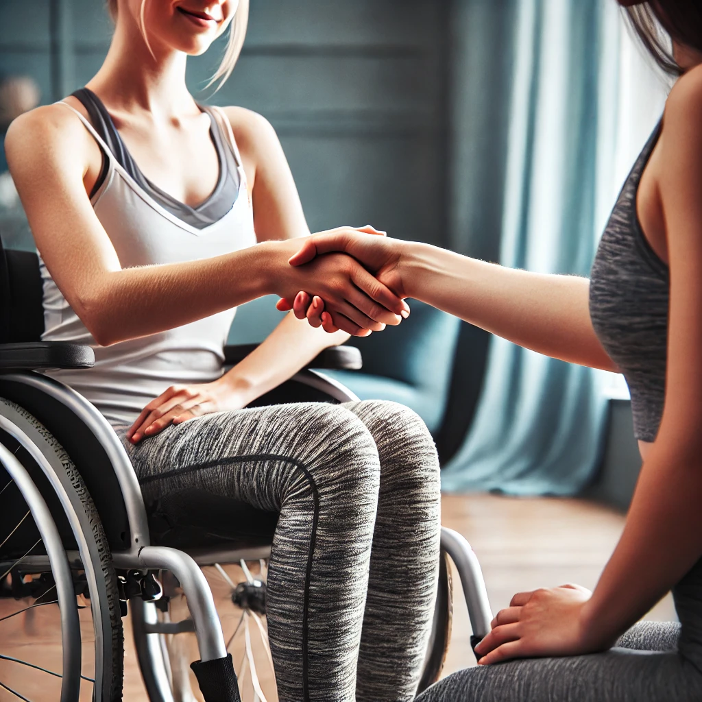 A woman offering a handshake to a person in a wheelchair during a yoga session, symbolizing respectful communication.