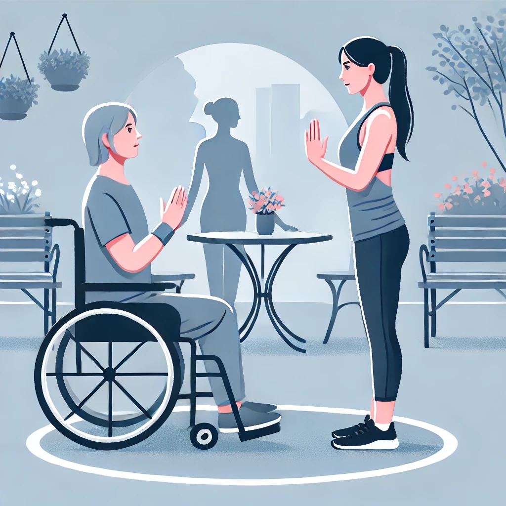 A yoga instructor demonstrating respect for personal space by maintaining a comfortable distance from a person in a wheelchair.