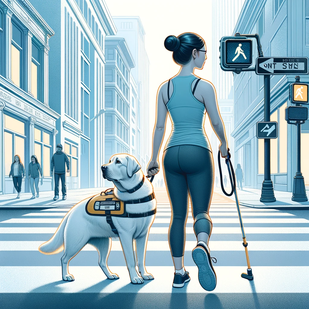 A woman with a guide dog crossing the street, emphasizing the importance of respecting service animals at work.